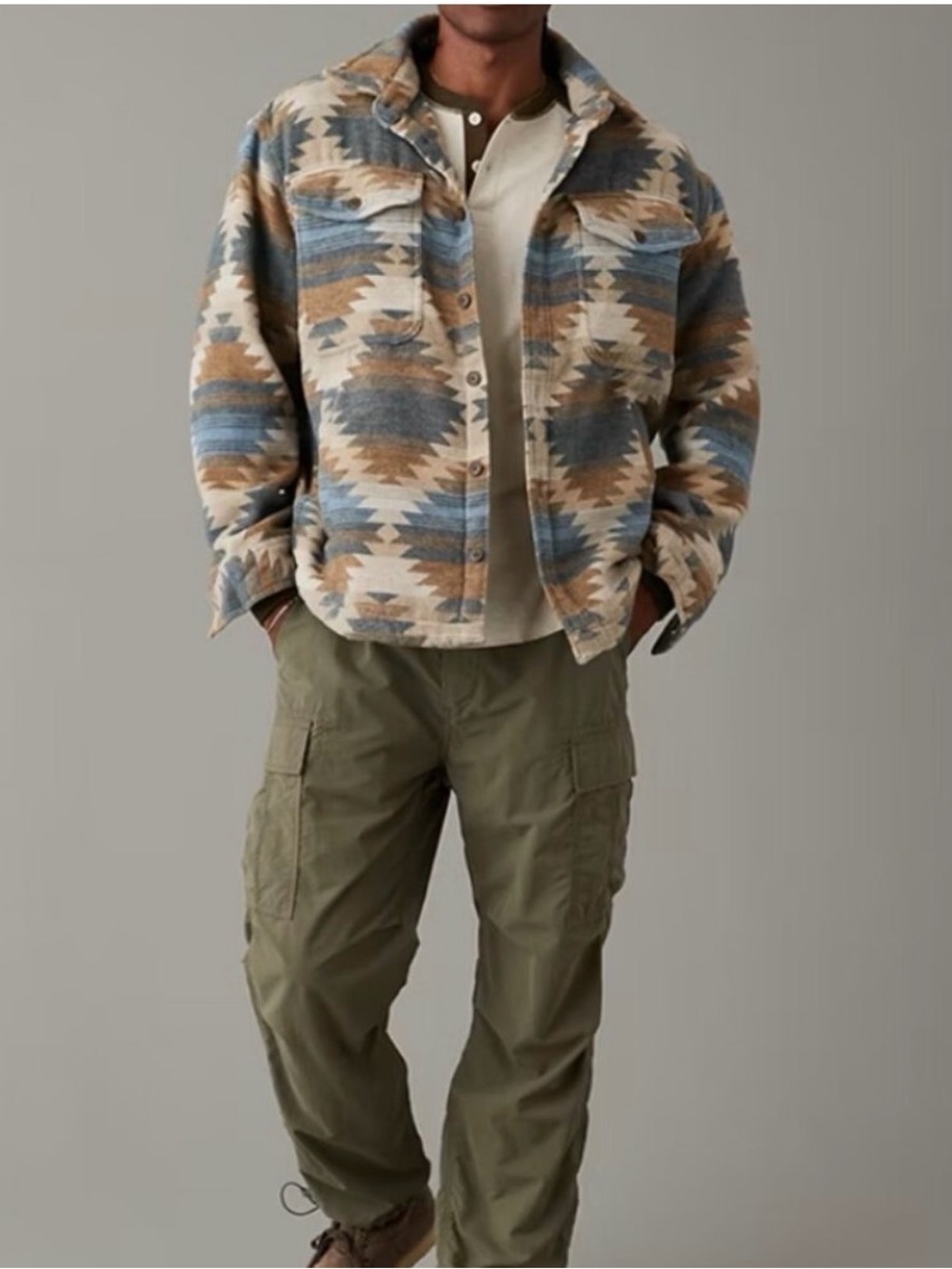 American Eagle Outfitters Southwest Print Button-Up Jacket in Beige & Blue